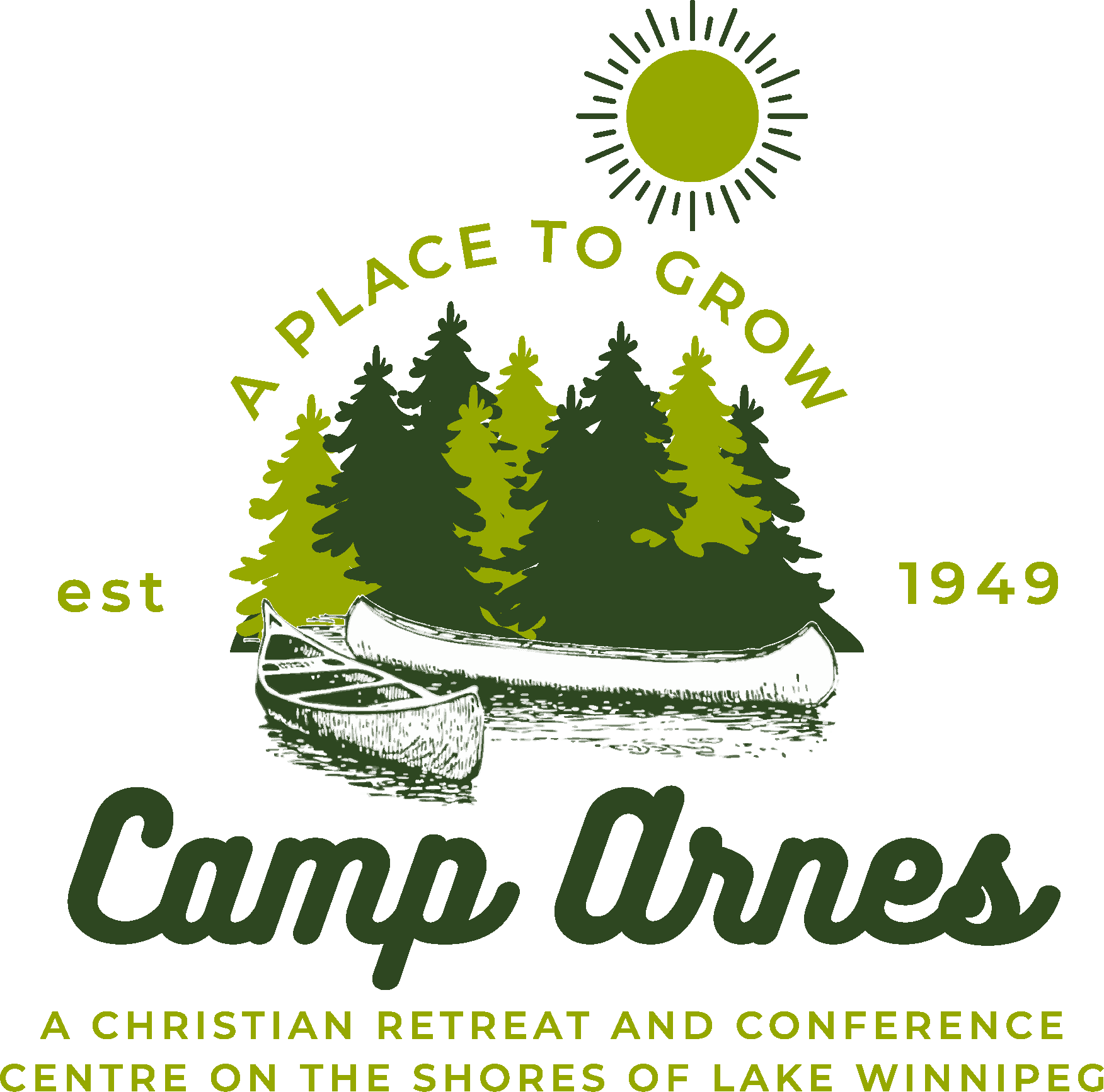 A peaceful camping scene with canoes on a lake surrounded by evergreen trees at Camp Arnes, a Christian retreat and conference center on Lake Winnipeg's shores.